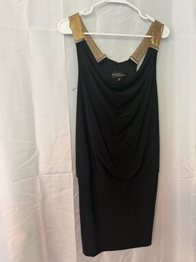 Betsy Adam Black Dress with Gold metal Straps